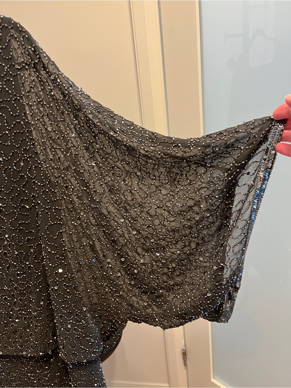 J Kara Slate/Silver Beaded Kimono Sleeve Blouson Cocktail Dress